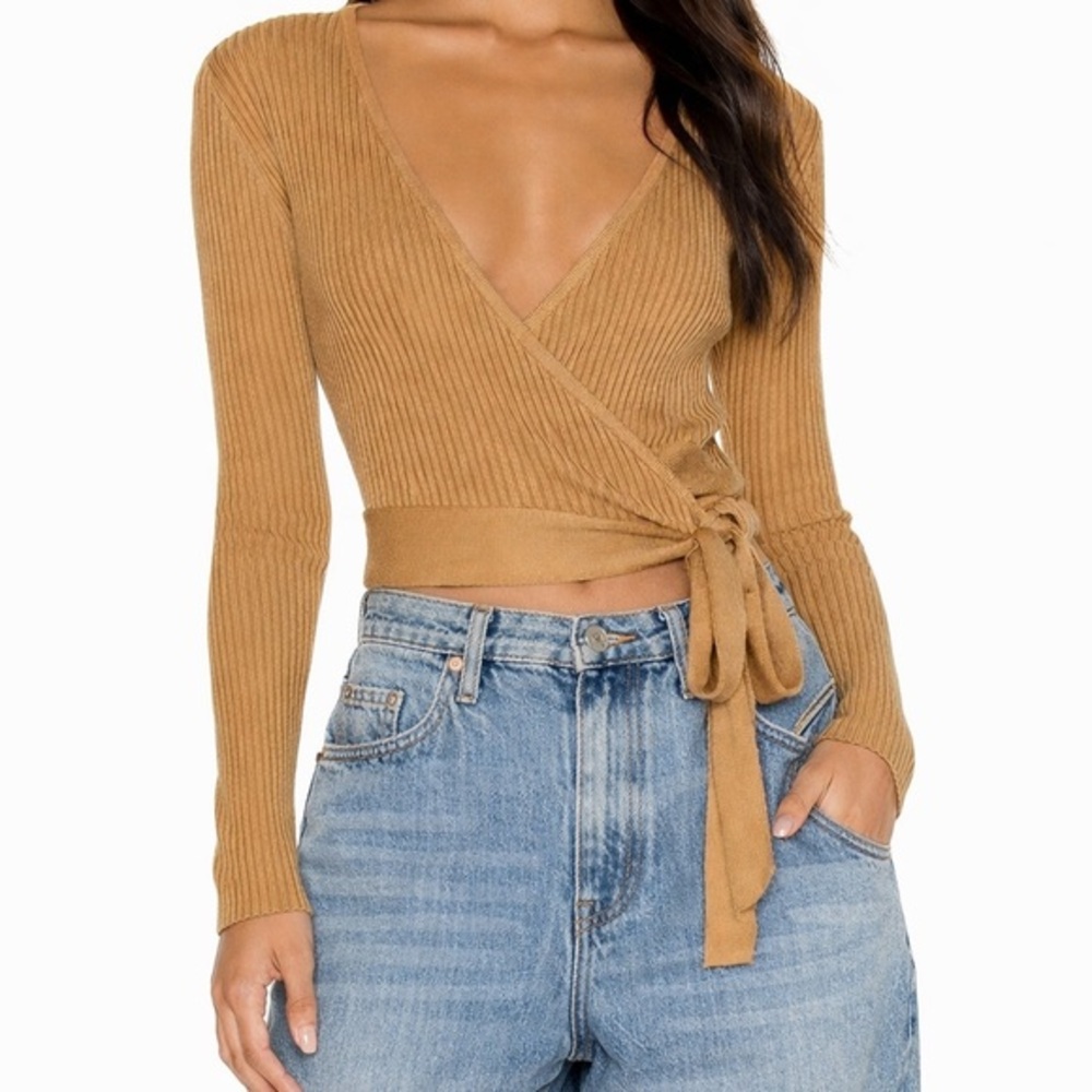 Minkpink brown gold ribbed wrap top